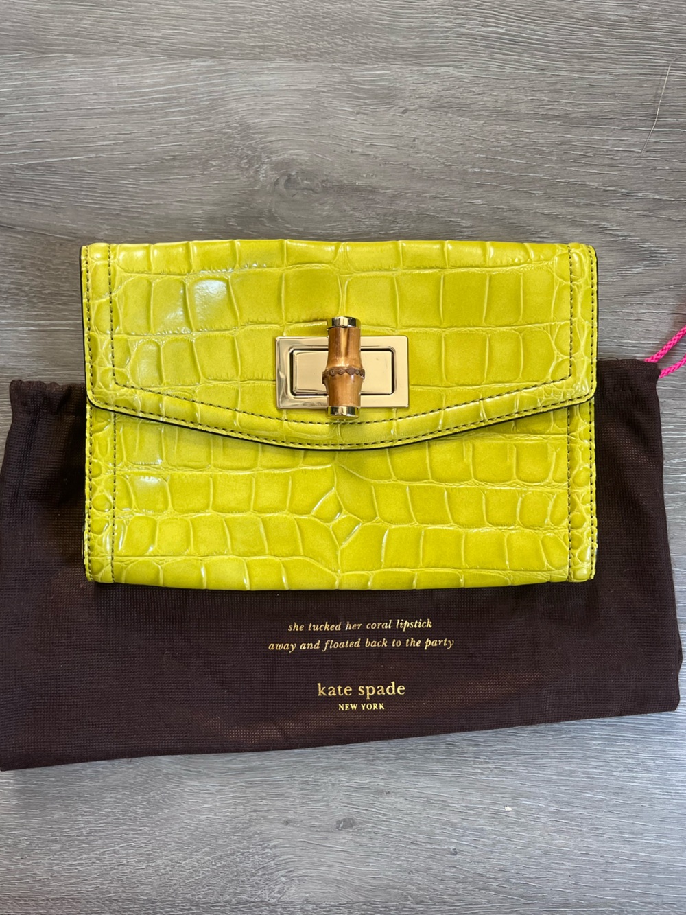 kate spade lime green/yellow croc-embossed leather clutch with bamboo turn-lock